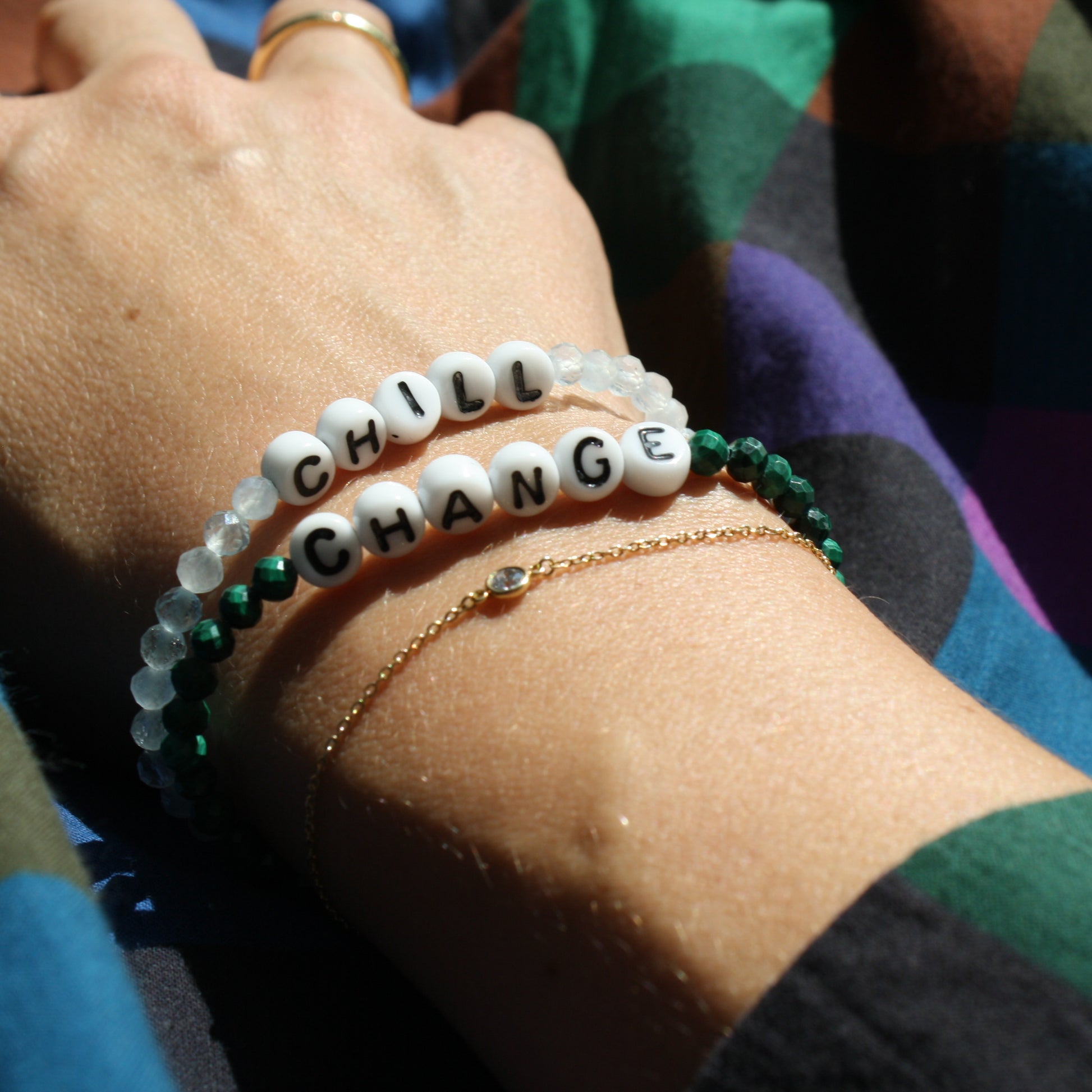 CHILL bracelet in aquamarine and CHANGE bracelet in malachite