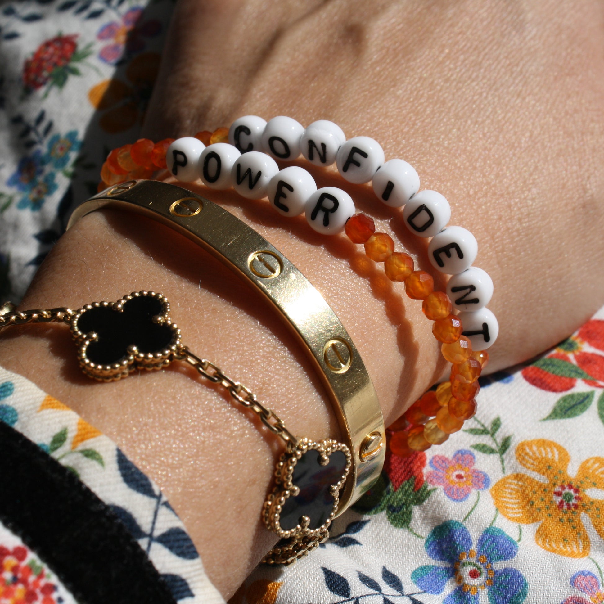 CONFIDENT and POWER bracelets in carnelian