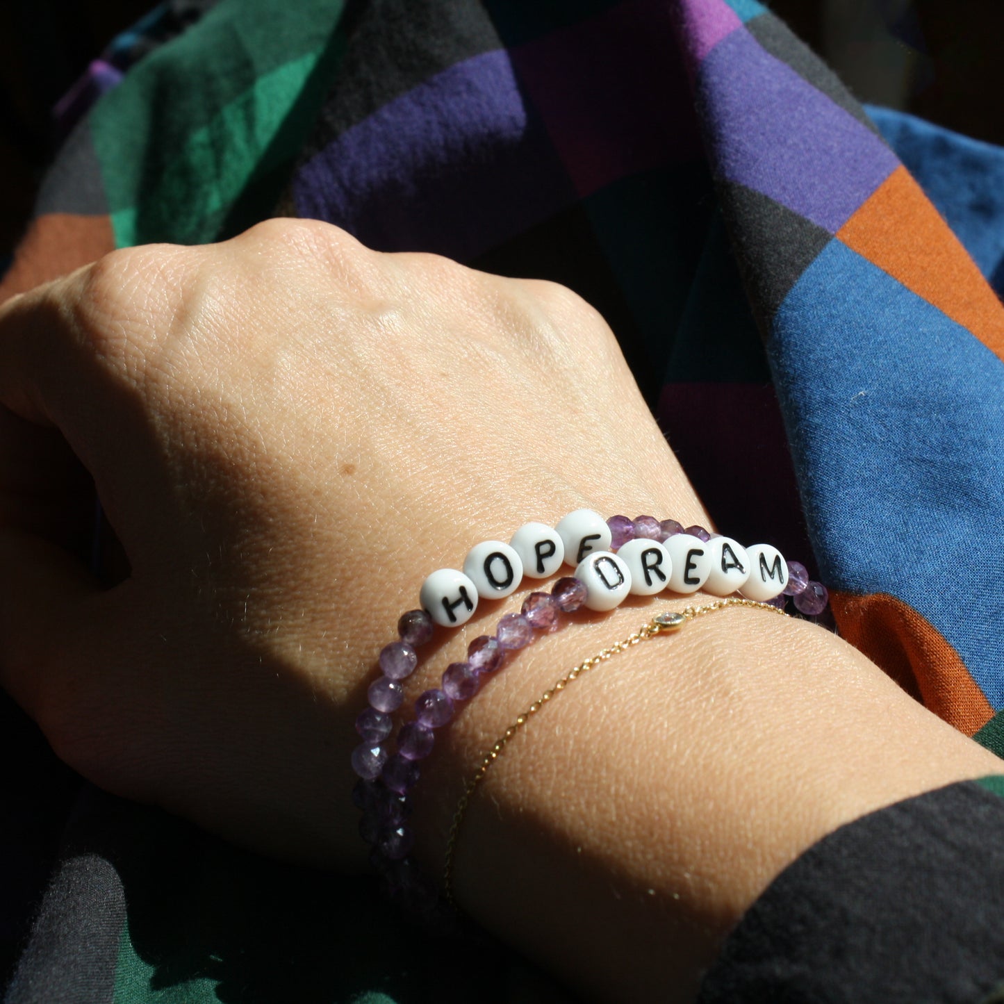 HOPE and DREAM bracelets in amethyst